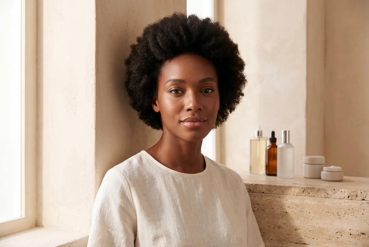 Portrait d'une femme aux cheveux afro naturels sur fond beige éditorial
