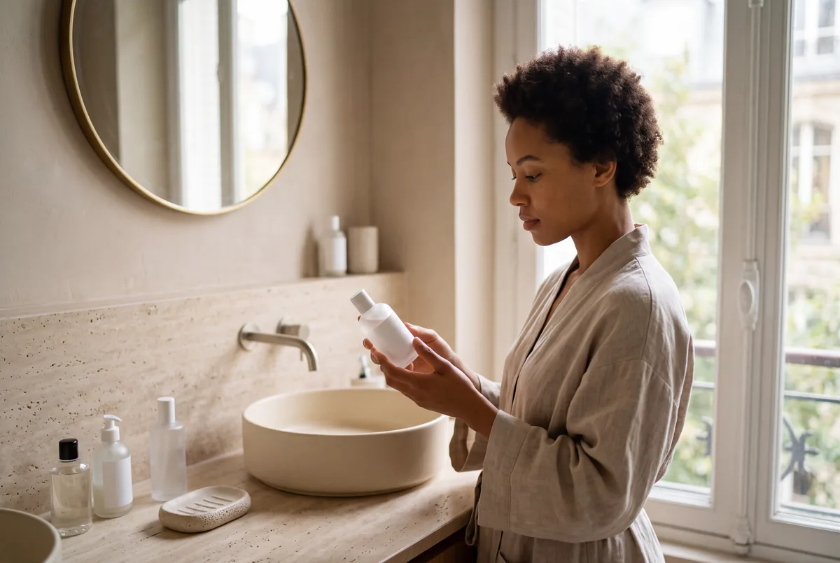 Femme lisant l'étiquette d'un flacon cosmétique dans une salle de bain minimaliste