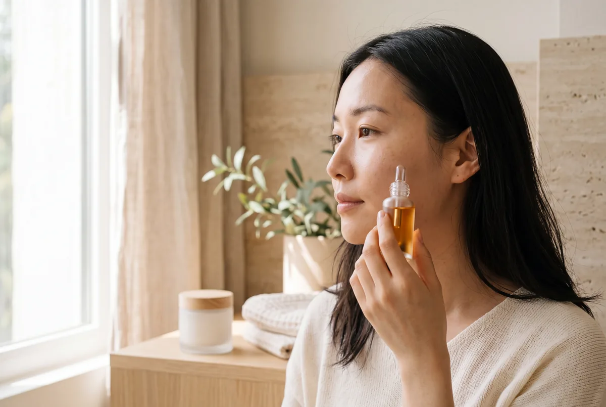 Femme de profil appliquant quelques gouttes de sérum sur sa joue près d'une fenêtre