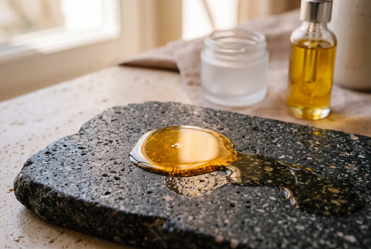 Goutte dorée d'huile de jojoba s'étalant sur une pierre sombre