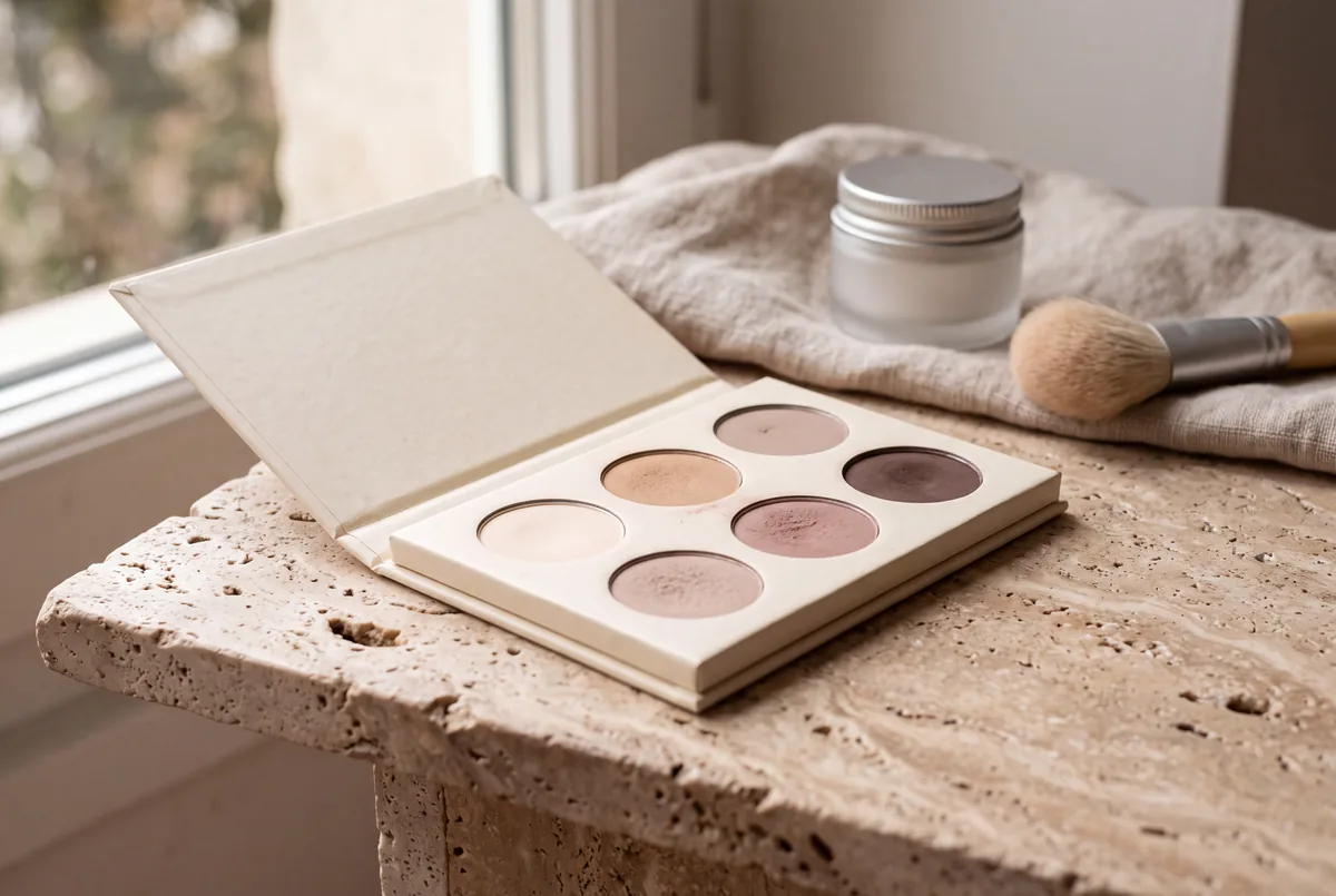 Palette de fards à paupières nude ouverte sur un plan en travertin