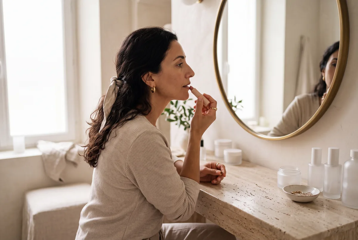 Femme de profil appliquant un rouge à lèvres nude devant un miroir rond