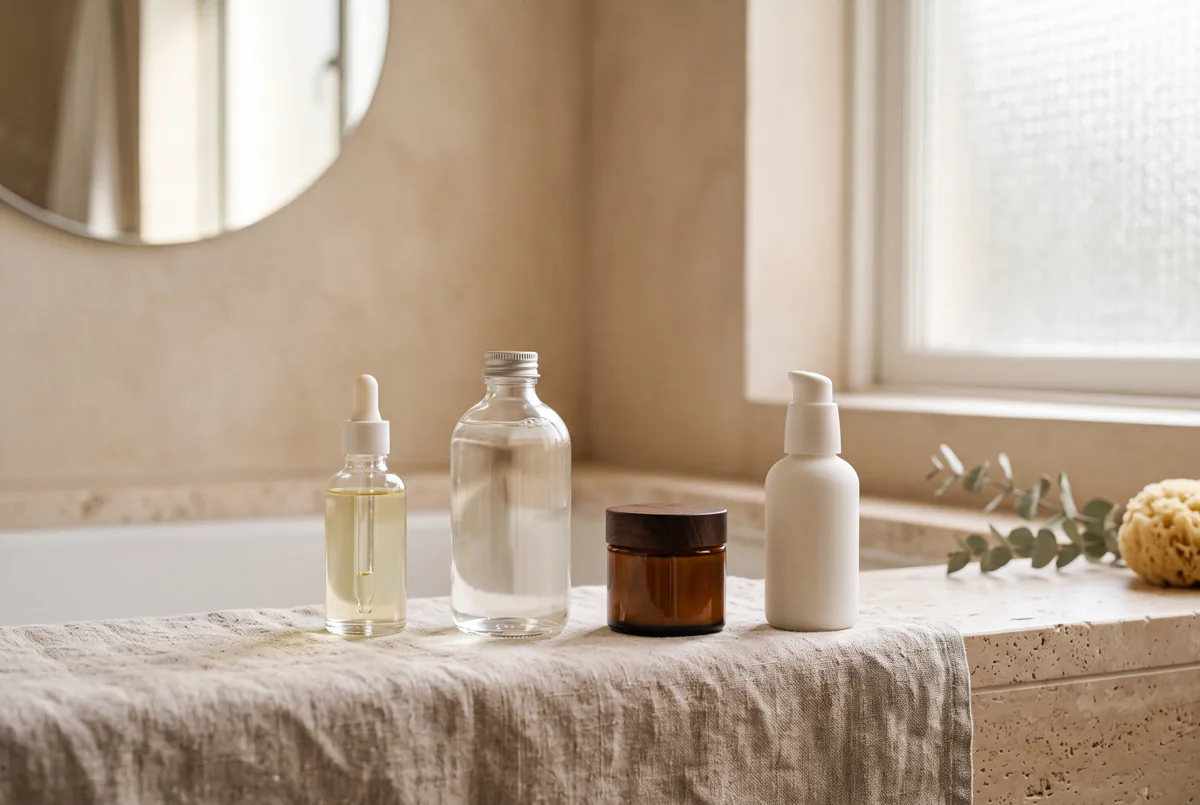Nettoyant, sérum, crème et soin alignés dans l'ordre d'une routine sur du lin